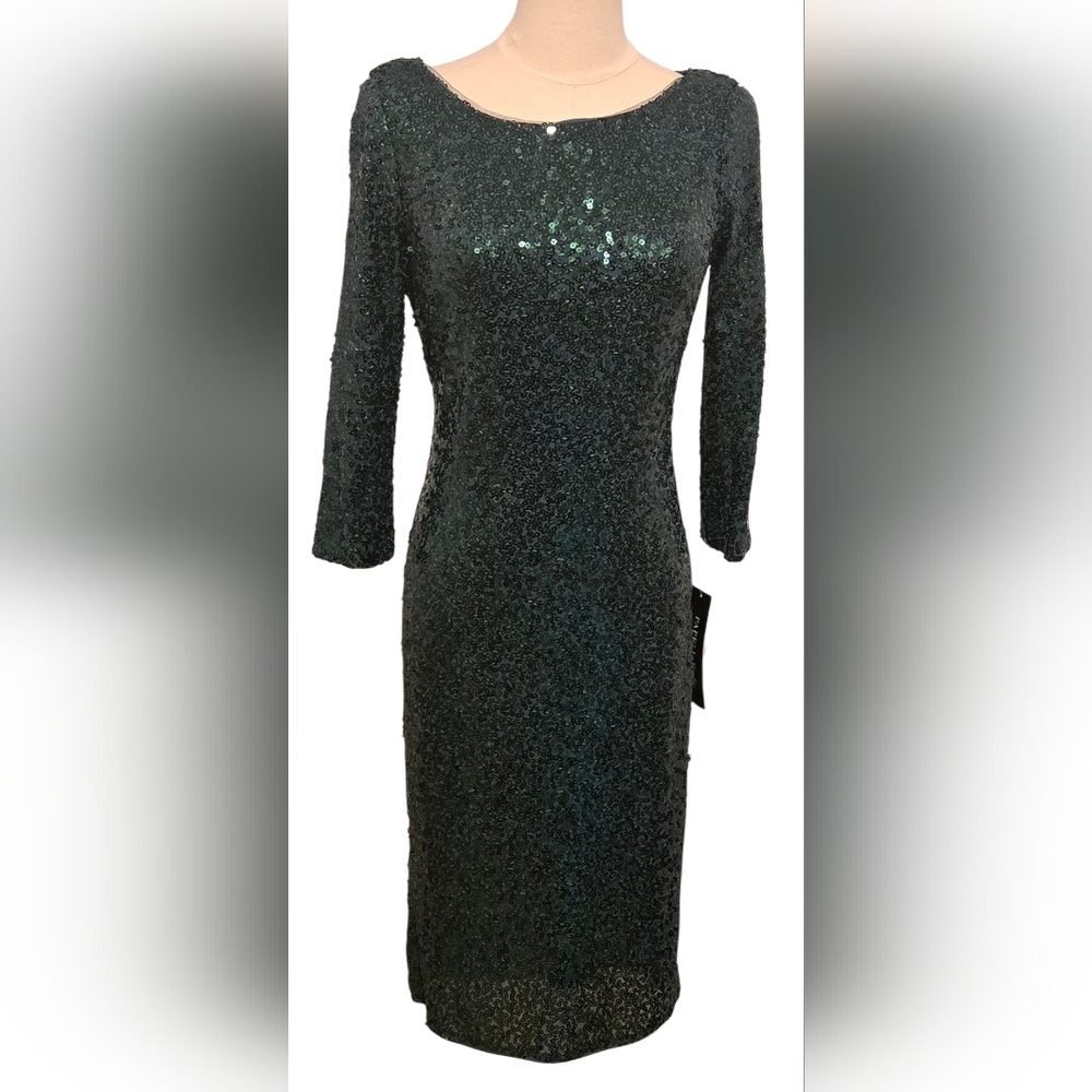 NWT~Papell Studio Elegant 'HUNTER' Green Sequin Cowl-back Dress